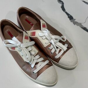 Prada Women's Tan and White Sneakers